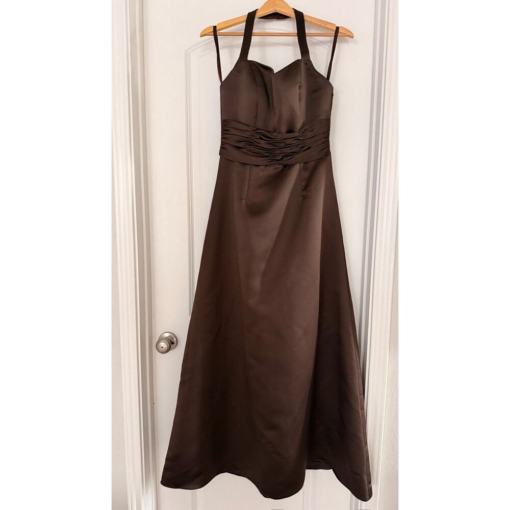 Chocolate Brown Satin Halter Formal Gown with Ruched Waist bridesmaid wedding